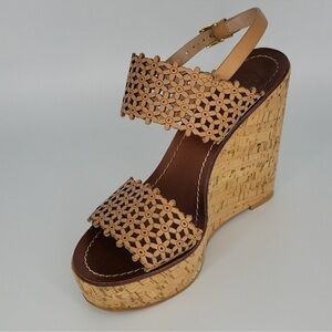 Tory Burch Natural Daisy Flora Wedge Sandal Veg Napa Size 7 Natural Blush